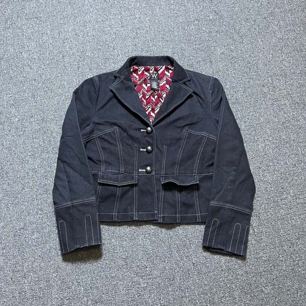 Work to Weekend Denim Blazer 4 Black Contrast Stitch Cropped Jacket Y2K